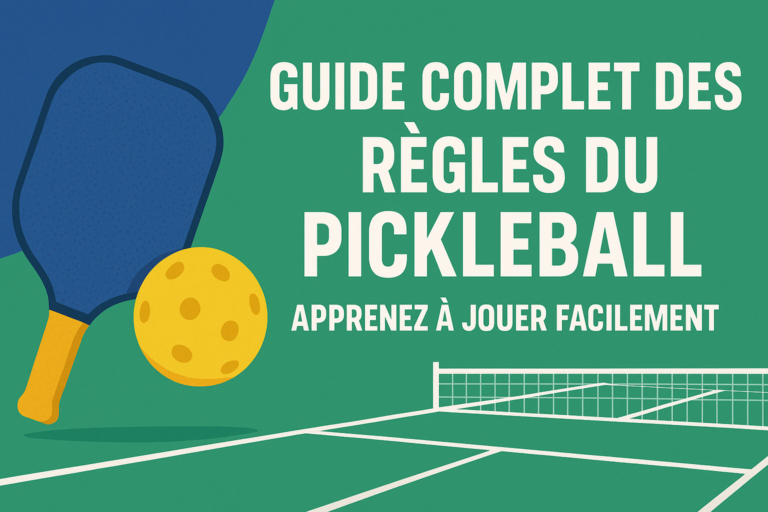 Bannière colorée et illustrée pour le guide 'Complet des Règles du Pickleball'. Design plat en 2D avec terrain stylisé, joueurs en action, raquette et balle de pickleball. Typographie moderne en français sur fond bleu et vert, ambiance sportive et pédagogique.